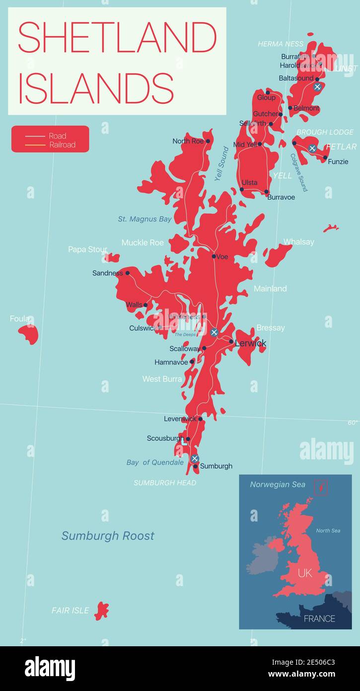 Shetland Inseln Detaillierte bearbeitbare Karte mit Regionen Städte und Städte, Straßen und Eisenbahnen, geografische Standorte. Vector EPS-10-Datei Stock Vektor