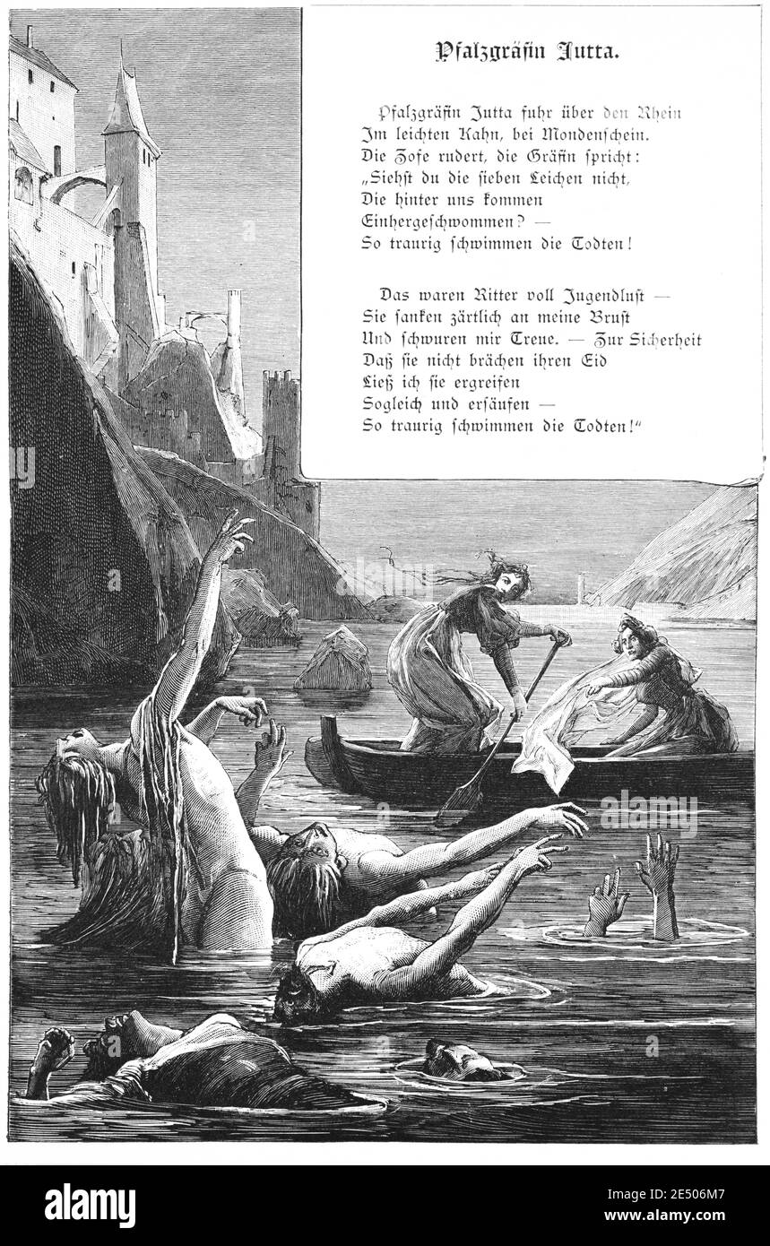 Illustration´s Heines Gedicht 'Pfalzgräfin Jutta' oder Gräfin Jutta, eine gerudete Gräfin, deutscher Dichter Heinrich Heine, Gedichtsammlung Romancero, 1880 Stockfoto