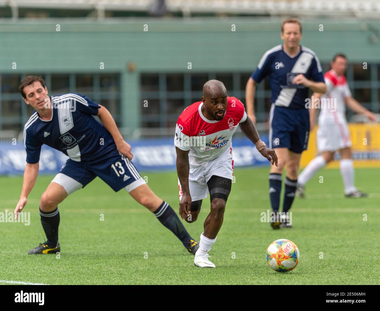 HONGKONG, HONGKONG SAR, CHINA: 18. MAI 2019. HKFC Citi Soccer sevens Hong Kong.Citi All Stars vs Singapore Cricket Club. Nottingham Forest Mobsters V Stockfoto