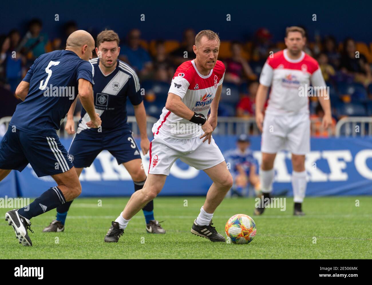 HONGKONG, HONGKONG SAR, CHINA: 18. MAI 2019. HKFC Citi Soccer sevens Hong Kong.Citi All Stars vs Singapore Cricket Club. Nottingham Forest Mobsters V Stockfoto