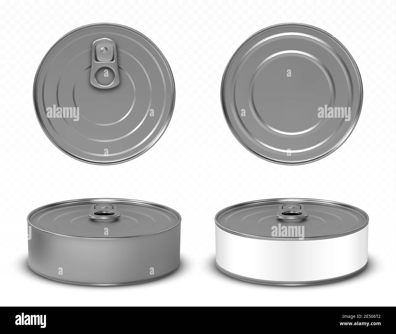 Runde Metalldose für Tierfutter, Fleisch oder Fisch isoliert auf weißem Hintergrund. Vector realistische Nachbildung von leeren Aluminium-Behälter mit Ring ziehen auf Deckel und weißem Etikett in der Vorder-, Ober-und Unteransicht Stock Vektor