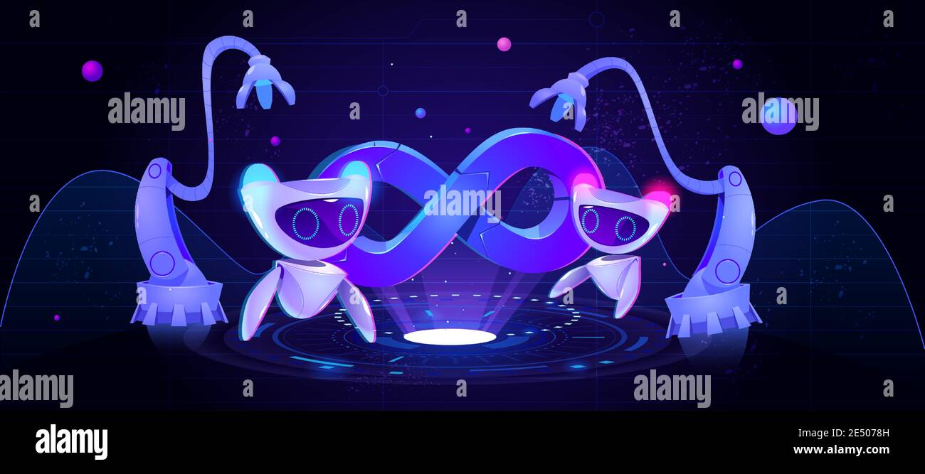 Künstliche Intelligenz Roboter und Cyborg Arme bei hud neon leuchtenden technologischen Hintergrund mit Infinity-Symbol. Futuristisches ai-Konzept, devops, Robotik und Automatisierung, Cartoon Vector Illustration Stock Vektor