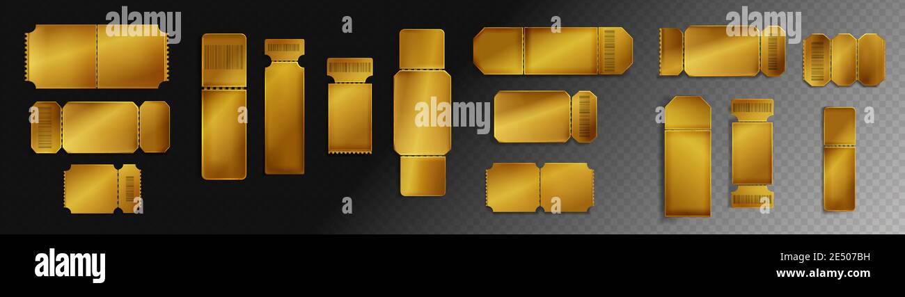 Blank golden Tickets Mockup mit Barcode und gepunktete Linie. Leere Vorlagen für Konzert, Kino und Transport Boarding. Lotterie-Coupons isoliert auf transparentem Hintergrund, realistische 3d-Vektor-Set Stock Vektor