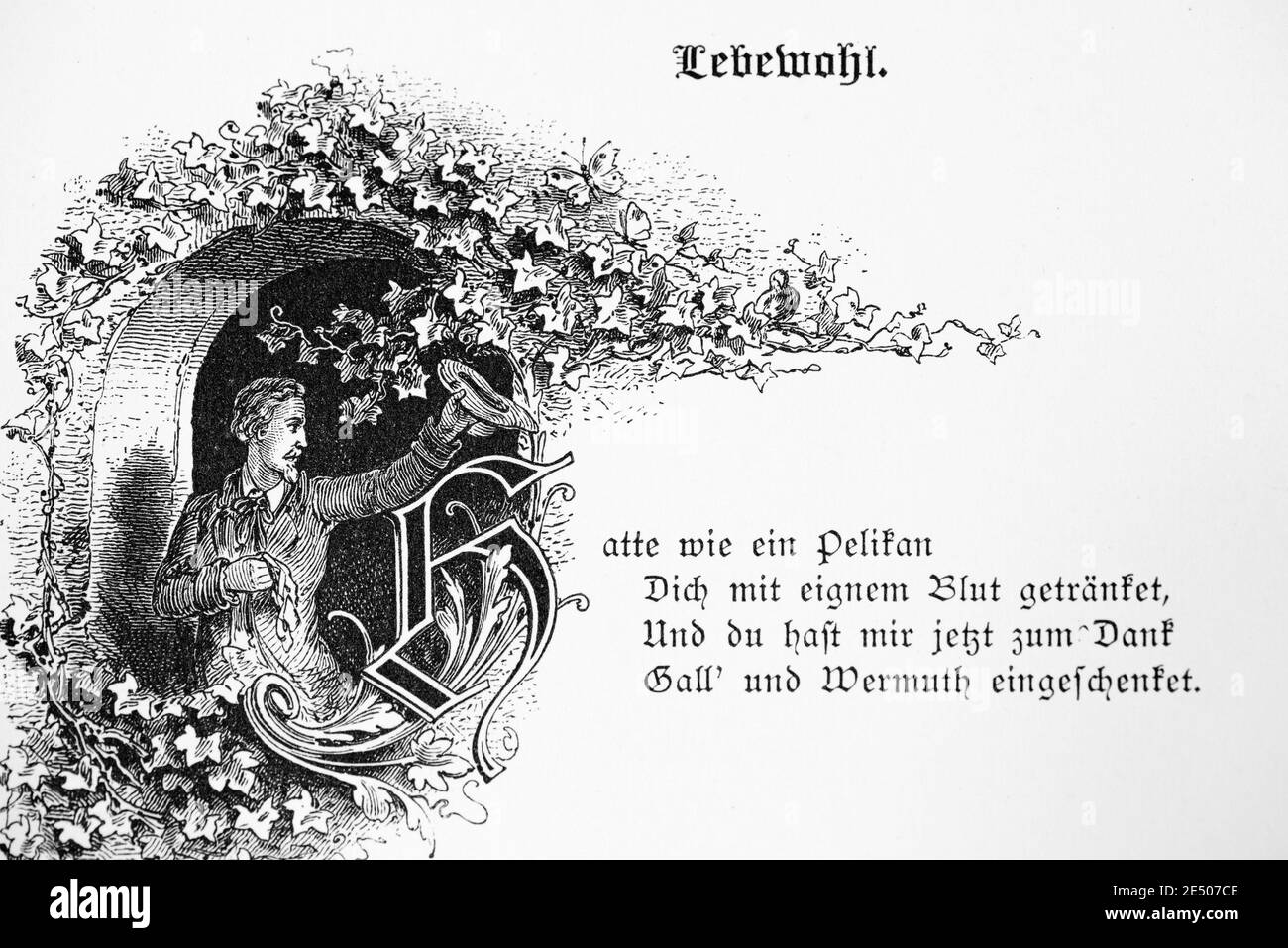 Illustration´s Heines Gedicht Lebewohl, ein junger mann, der seiner Freundin glücklich Auf Wiedersehen sagt, deutscher Dichter Heinrich Heine, Sammlung Romancero, 1880 Stockfoto