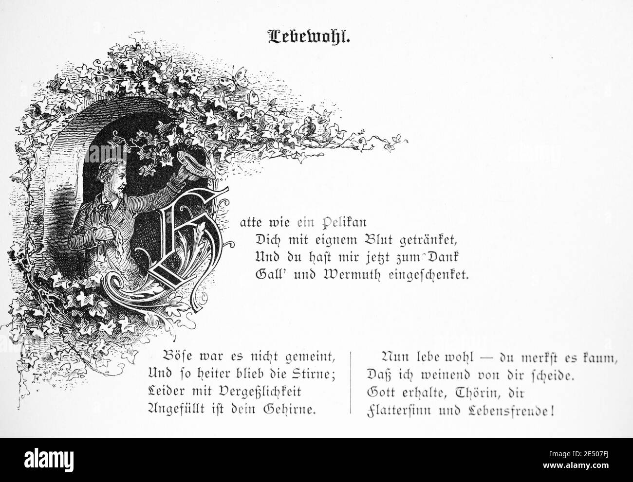 Illustration´s Heines Gedicht Lebewohl, ein junger mann, der seiner Freundin glücklich Auf Wiedersehen sagt, deutscher Dichter Heinrich Heine, Sammlung Romancero, 1880 Stockfoto