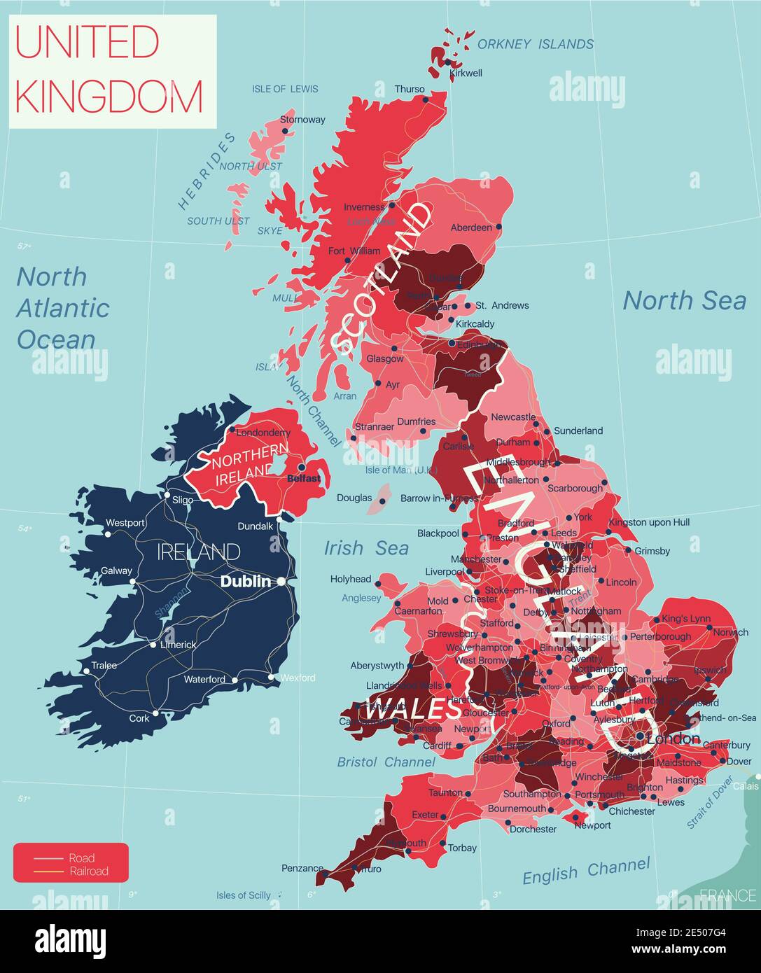 Großbritannien Land detaillierte editierbare Karte mit Regionen Städte und Städte, Straßen und Eisenbahnen, geografische Standorte. Vector EPS-10-Datei Stock Vektor