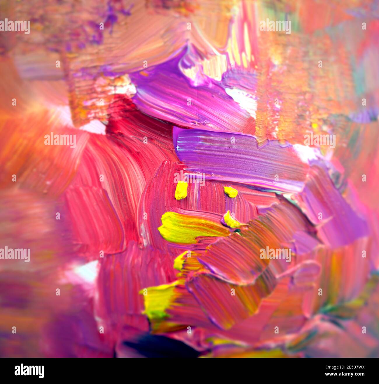 Verschwommener abstrakter, lebhafter, unregelmäßiger Hintergrund. Handgefertigtes, handgezeichnetes Gemälde. Bemalte Textur. Acrylfarben auf Leinwand. Bildende Kunst, Kunstwerk. Modern. Stockfoto