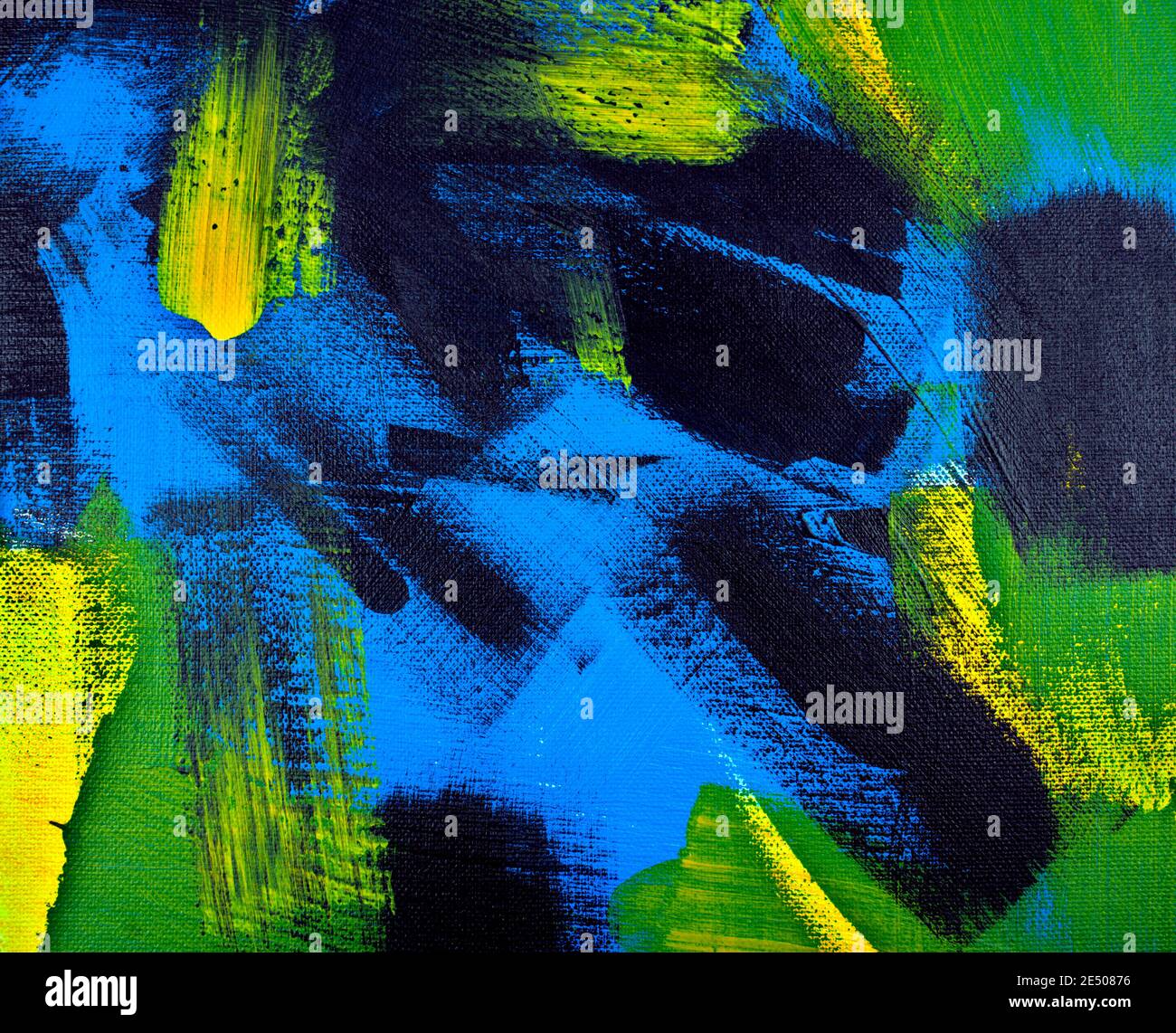 Abstrakter Hintergrund. Acrylfarbe schwarz, gelb, blau, grün. Malerei auf Leinwand. Handgefertigt, handgezeichnet. Bildende Kunst, Kunstwerk, Display, Texturkonzept. Stockfoto