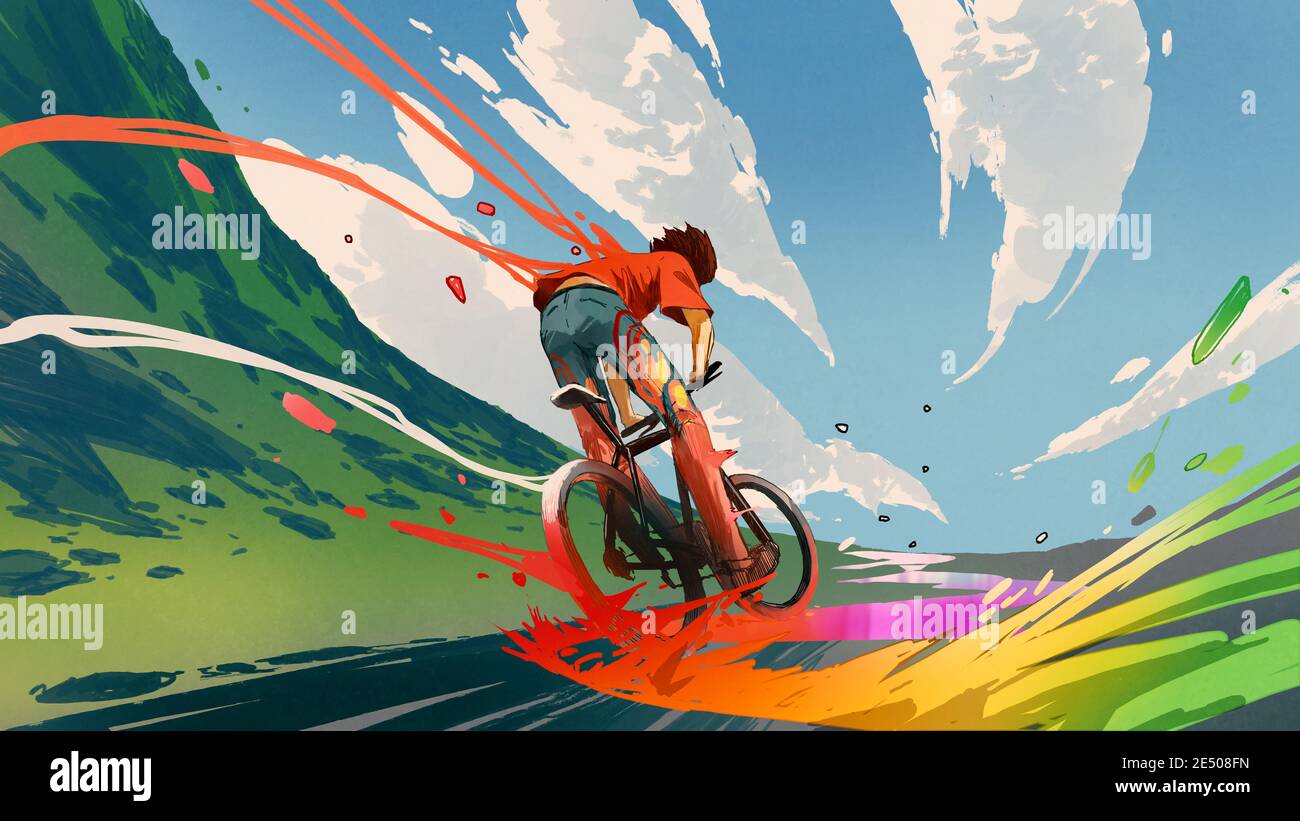 Junger Mann auf dem Fahrrad mit einer bunten Energie, digitale Kunst Stil, Illustration Malerei Stockfoto