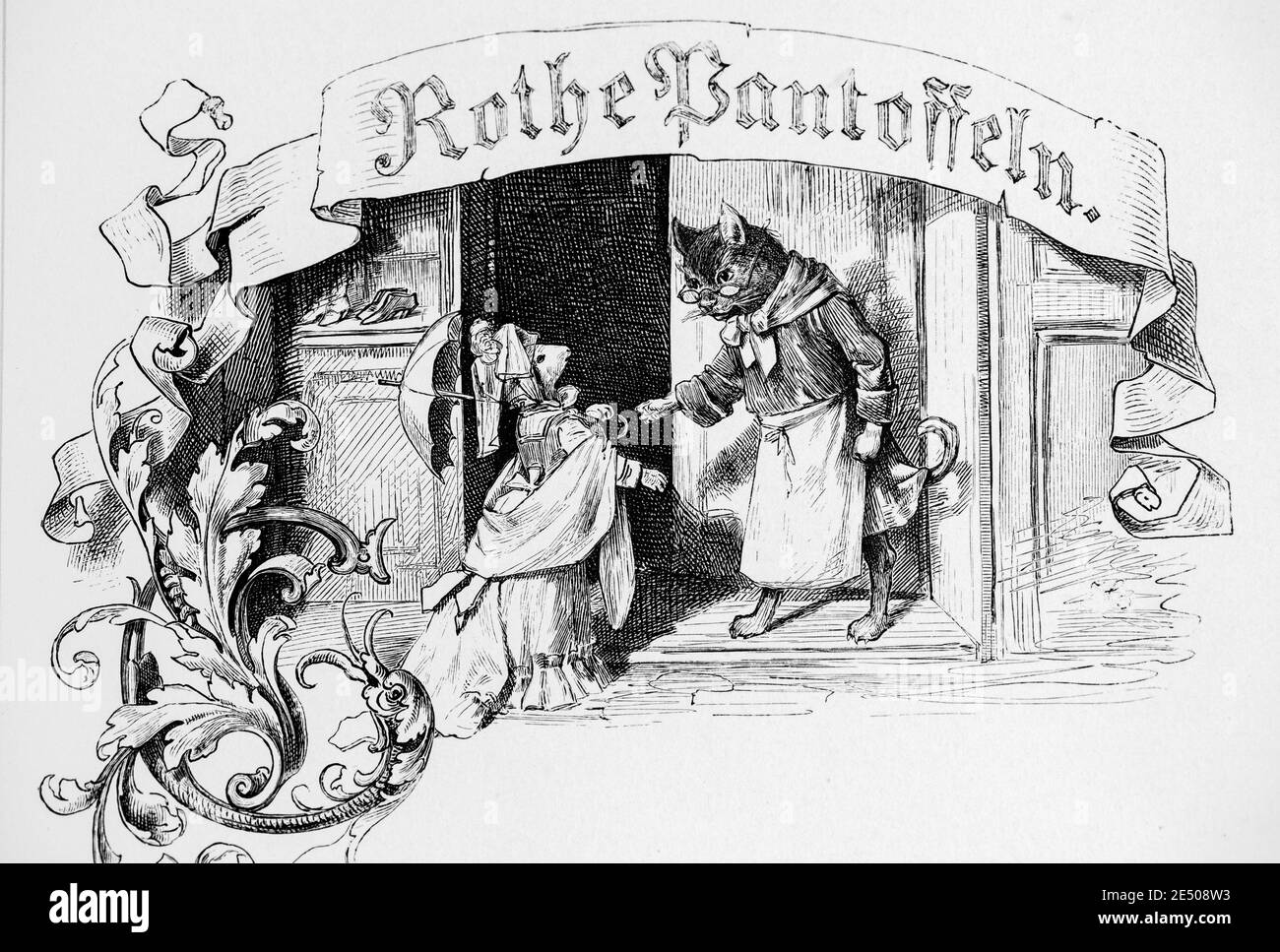 Illustration´s Heines Gedicht 'Rothe Pantoffeln' oder Red Slipper über einen Katzenschuhladen´s und eine Kundenmaus, Dichter Heinrich Heine, Romancero, 1880 Stockfoto