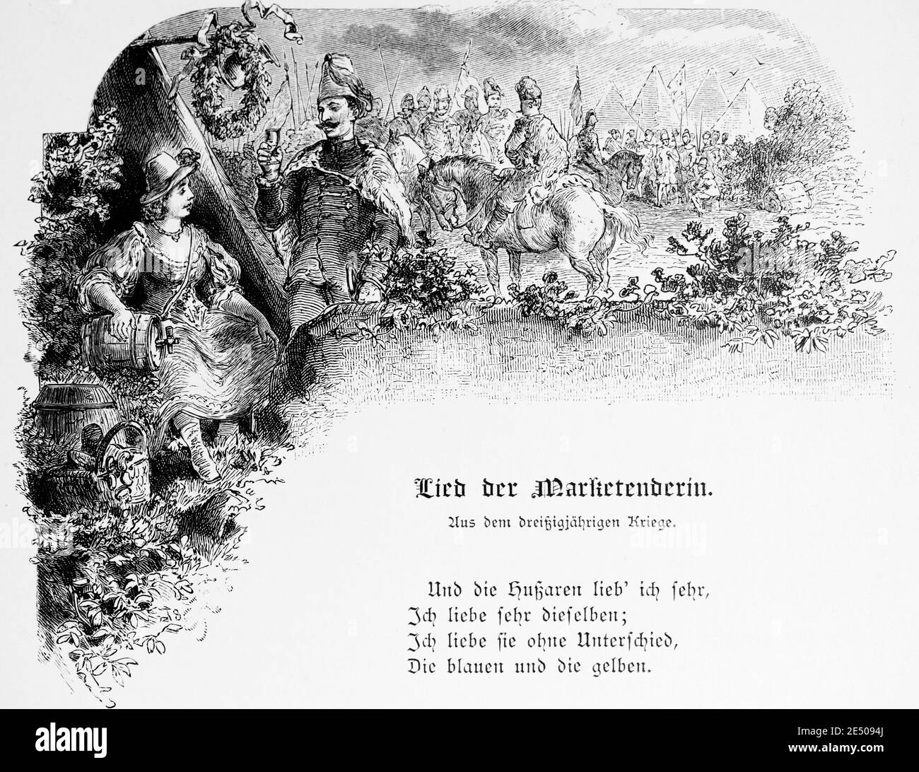 Illustration´s Heines Gedicht Lied der Marketenderin über einen Sutler und  Soldaten, deutscher Schriftsteller und Dichter Heinrich Heine,  Gedichtsammlung Romancero,1880 Stockfotografie - Alamy