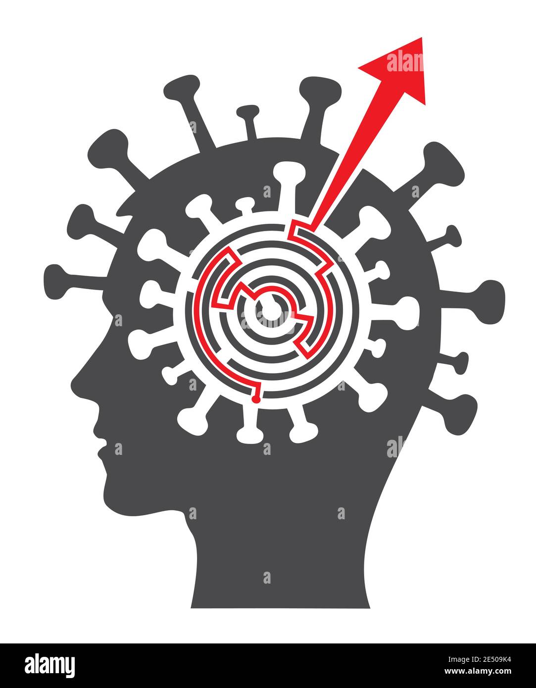 Flucht aus Depression und Stress in Coronavirus Pandemie Zeit, Labyrinth-Konzept. Illustration von stilisierten männlichen Kopf Coronavirus Silhouette mit Labyrinthe. Stock Vektor