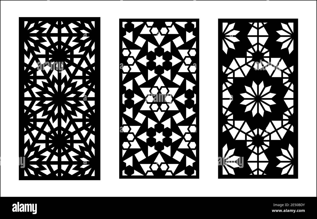 Marokko Laserschnitt Muster. Set von dekorativen Vektorplatten zum Laserschneiden. Schablone für Innenwand im marokkanischen Stil. Verhältnis 1 bis 2. Stock Vektor