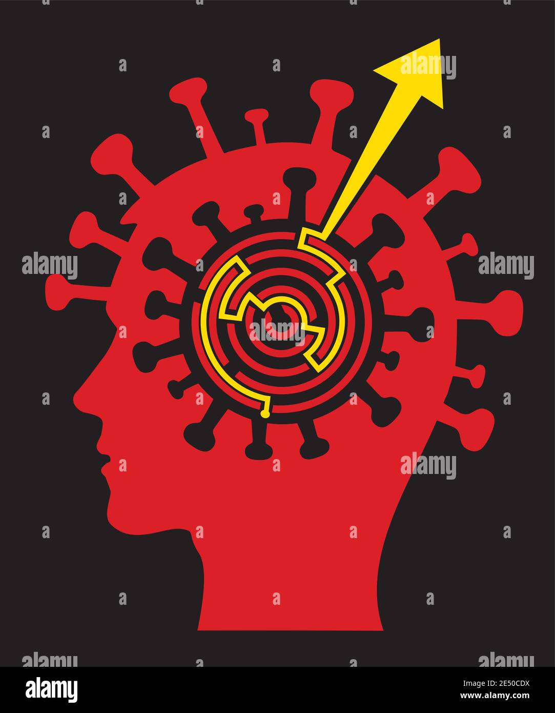 Flucht aus Depression und Stress in Coronavirus Pandemie Zeit, Labyrinth-Konzept. Illustration von stilisierten männlichen Kopf Coronavirus Silhouette mit Labyrinthe Stock Vektor