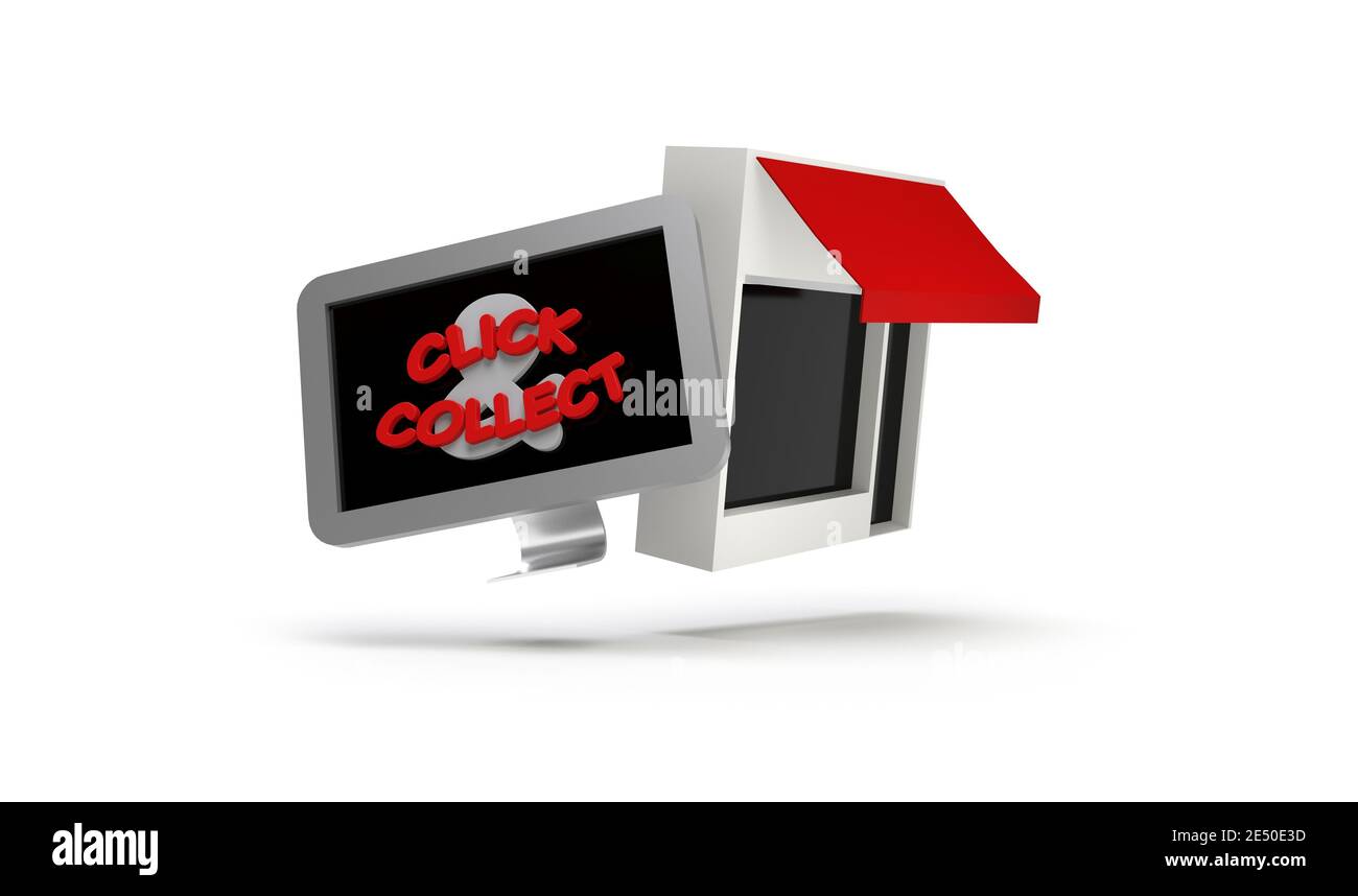 Computer-Bildschirm mit Klick und sammeln Text weißen Hintergrund - 3D-Rendering Stockfoto