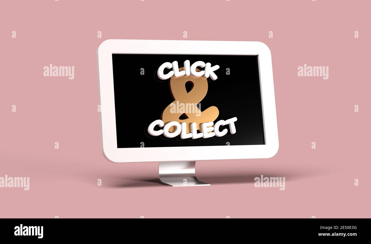 Computerbildschirm mit Klick und sammeln Text rosa Hintergrund - 3D-Rendering Stockfoto