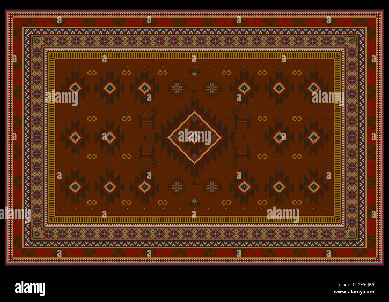 Vintage-Teppich mit ethnischen Ornamenten in Rot- und kastanienbraunen Farbtönen Mit blauen und beigen Mustern an den Rändern und in Auf schwarzem Hintergrund zentrieren Stockfoto