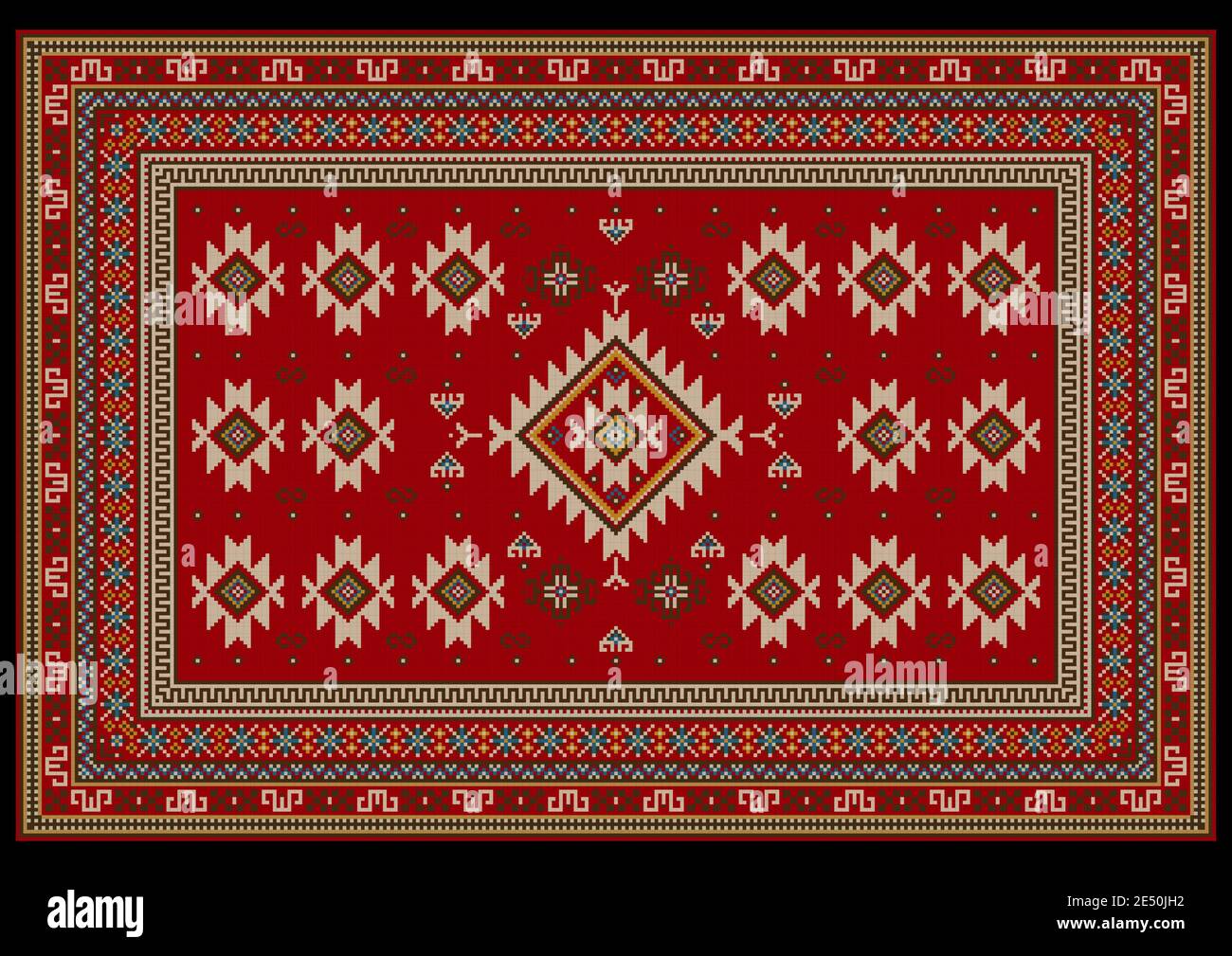 Vintage Teppich in Rottönen mit ethnischen Ornamenten in beige, braun und blau in der Mitte und an den Seiten auf schwarzem Hintergrund Stockfoto