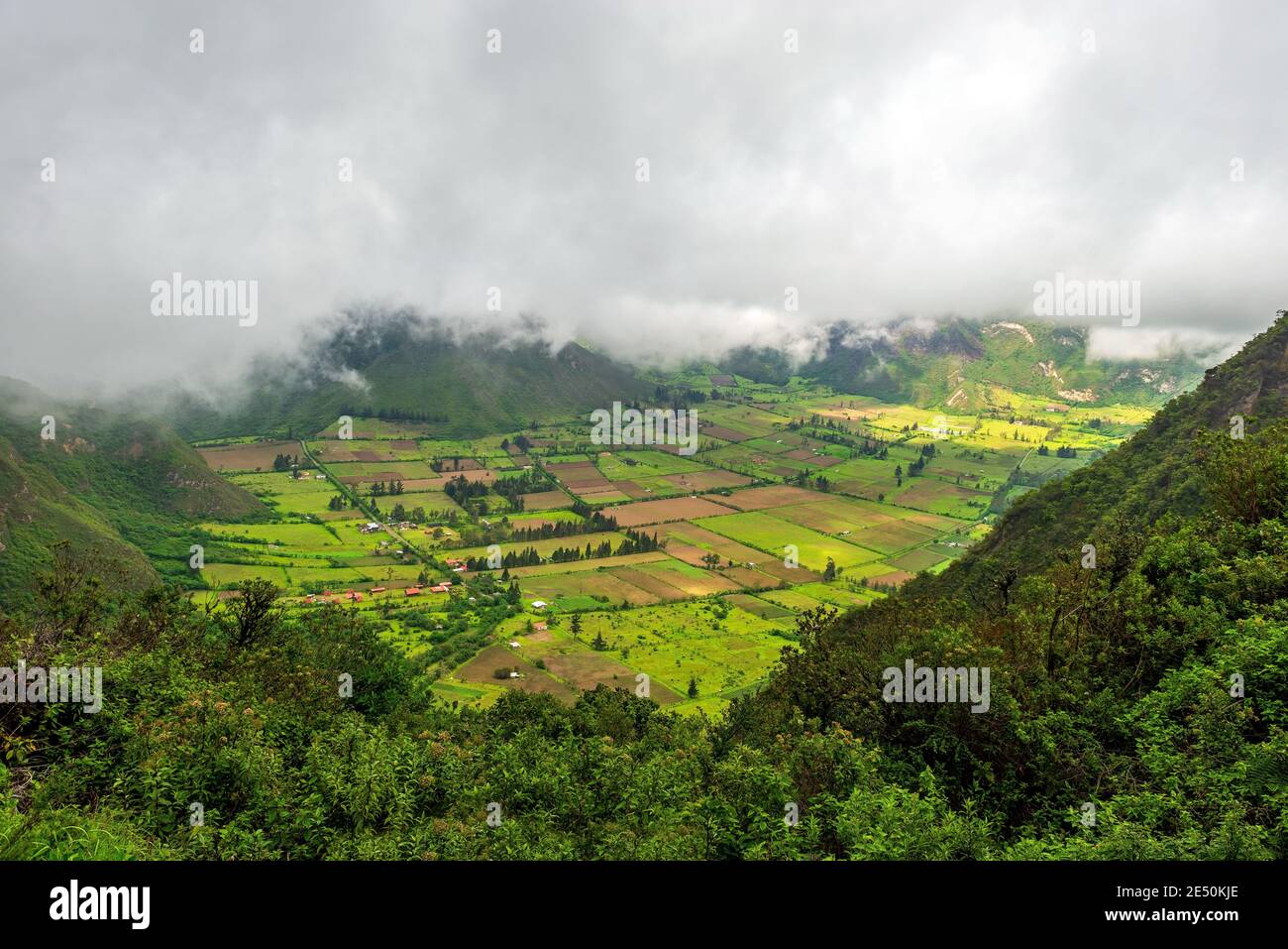 Landwirtschaftliche Felder einer indigenen Gemeinschaft im Pululahua Vulkankrater, Quito, Ecuador. Stockfoto