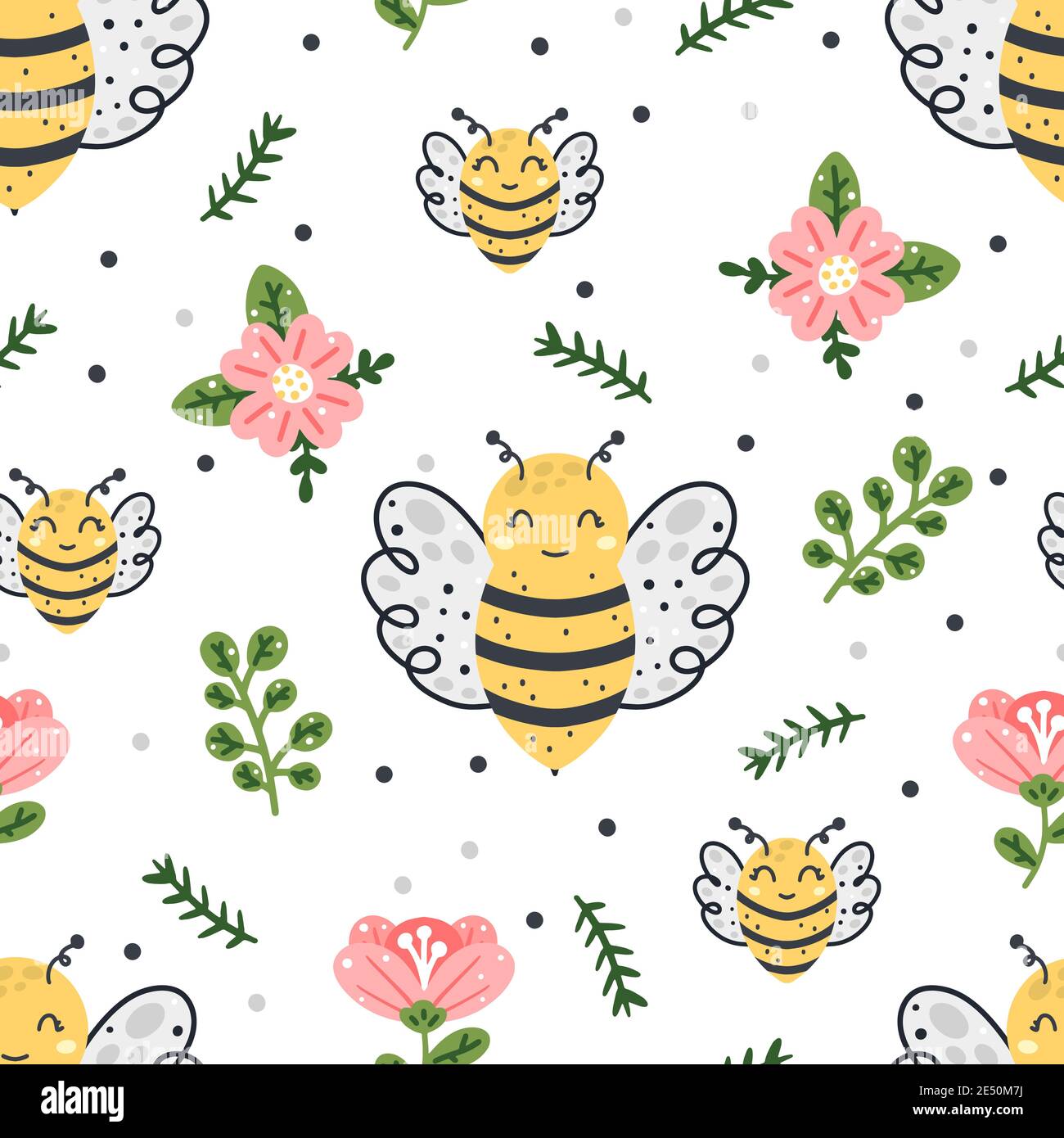 Niedliche Biene nahtlose Muster mit floralen Elementen und abstrakten Punkten isoliert auf weißem Hintergrund. Handgezeichnete Vektorgrafik im skandinavischen Stil. Stock Vektor