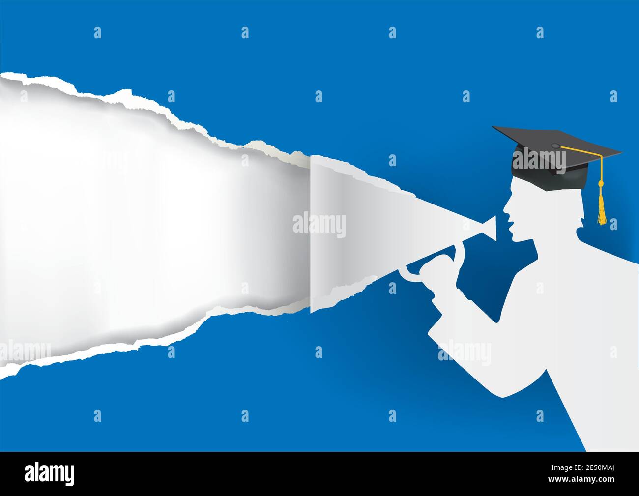 Papierschülerin, Absolvent mit Megaphon. Blauer Papierhintergrund mit Papier Silhouette von Absolvent hält ein Megaphon.Ort für Ihren Text oder Bild. Stock Vektor