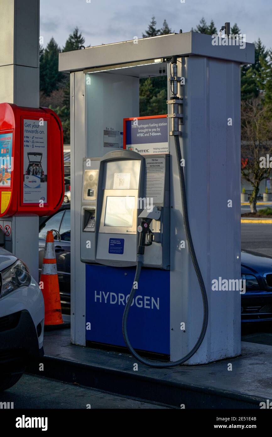Einzelhandel Wasserstofftankstelle, Gaspumpe, North Vancouver, British Columbia, Kanada Stockfoto
