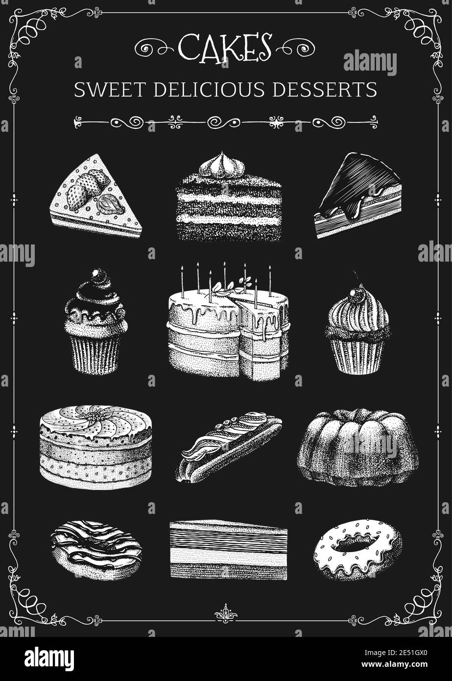 Kuchenmenü. Handgezeichnetes Backwarenprodukt. Süßes Essen auf Tafel. Vintage Donut Makronen. Eingravierte Skizze. Vektor-Illustration für ein Banner eines Cafés Stock Vektor