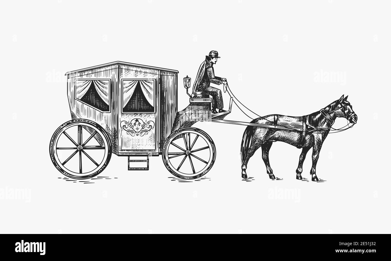 Pferdekutsche. Kutscher auf einem alten viktorianischen Chariot. Tierbetriebene öffentliche Verkehrsmittel. Handgezeichnete gravierte Skizze. Retro-Illustration im Vintage-Stil. Stock Vektor