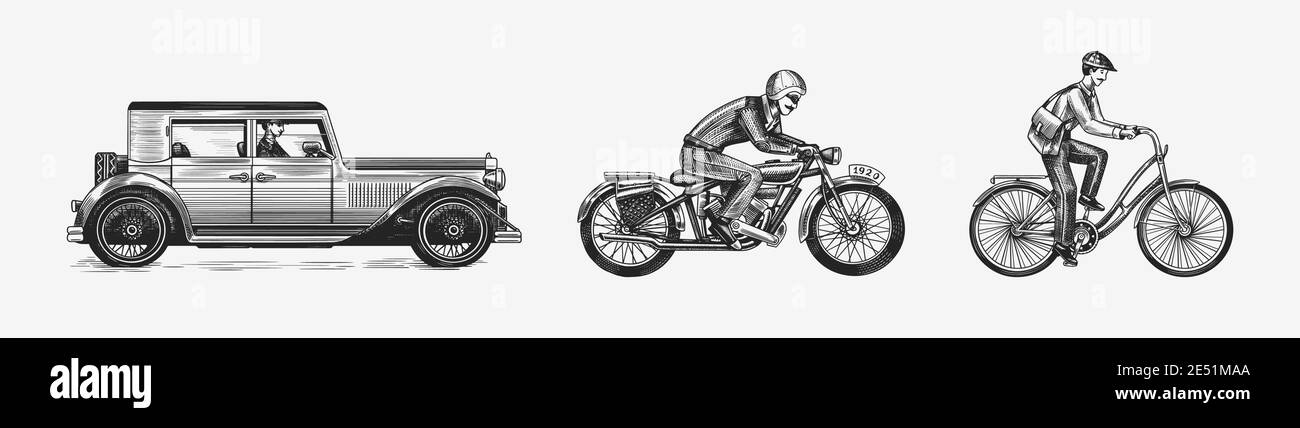 Motorrad für Biker Club Vorlagen. Fahrrad und Fahrrad. Auto oder Auto. Klassisches personalisiertes Label-Abzeichen. Fire Racer für T-Shirt. Monochromer Retro-Style Stock Vektor