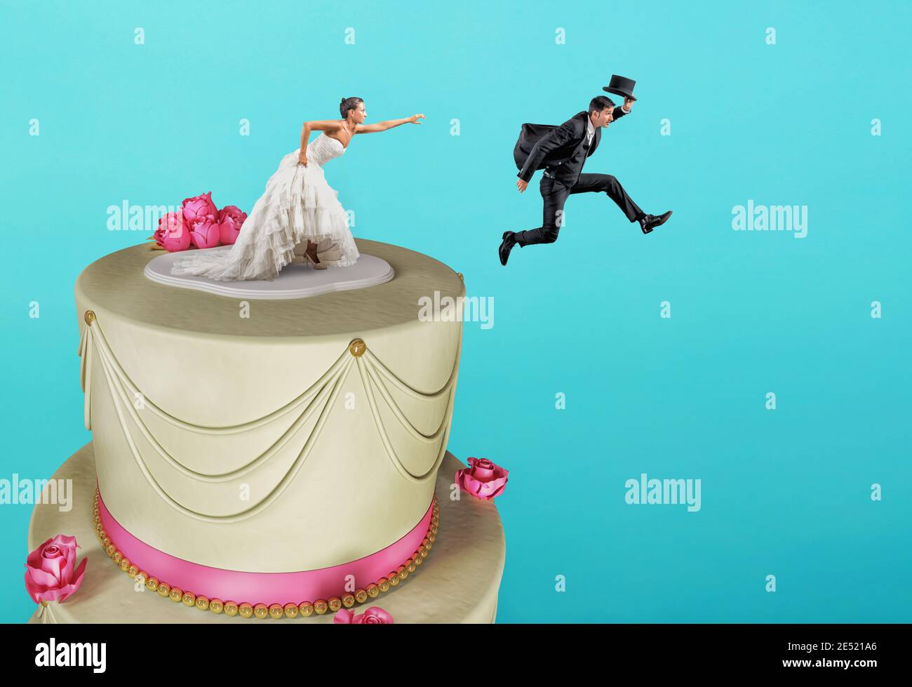 Mann auf der Torte entkommt aus der Ehe Stockfoto
