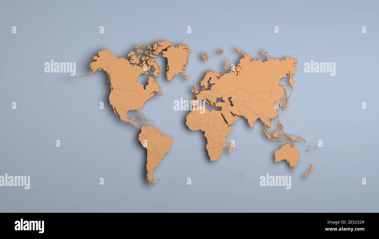 Orange Weltkarte auf grauem Hintergrund Stockfoto