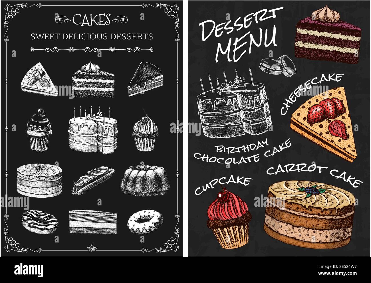 Kuchenmenü. Handgezeichnetes Backwarenprodukt. Süßes Essen auf Tafel. Vintage Donut Makronen. Eingravierte Skizze. Vektor-Illustration für ein Banner eines Cafés Stock Vektor