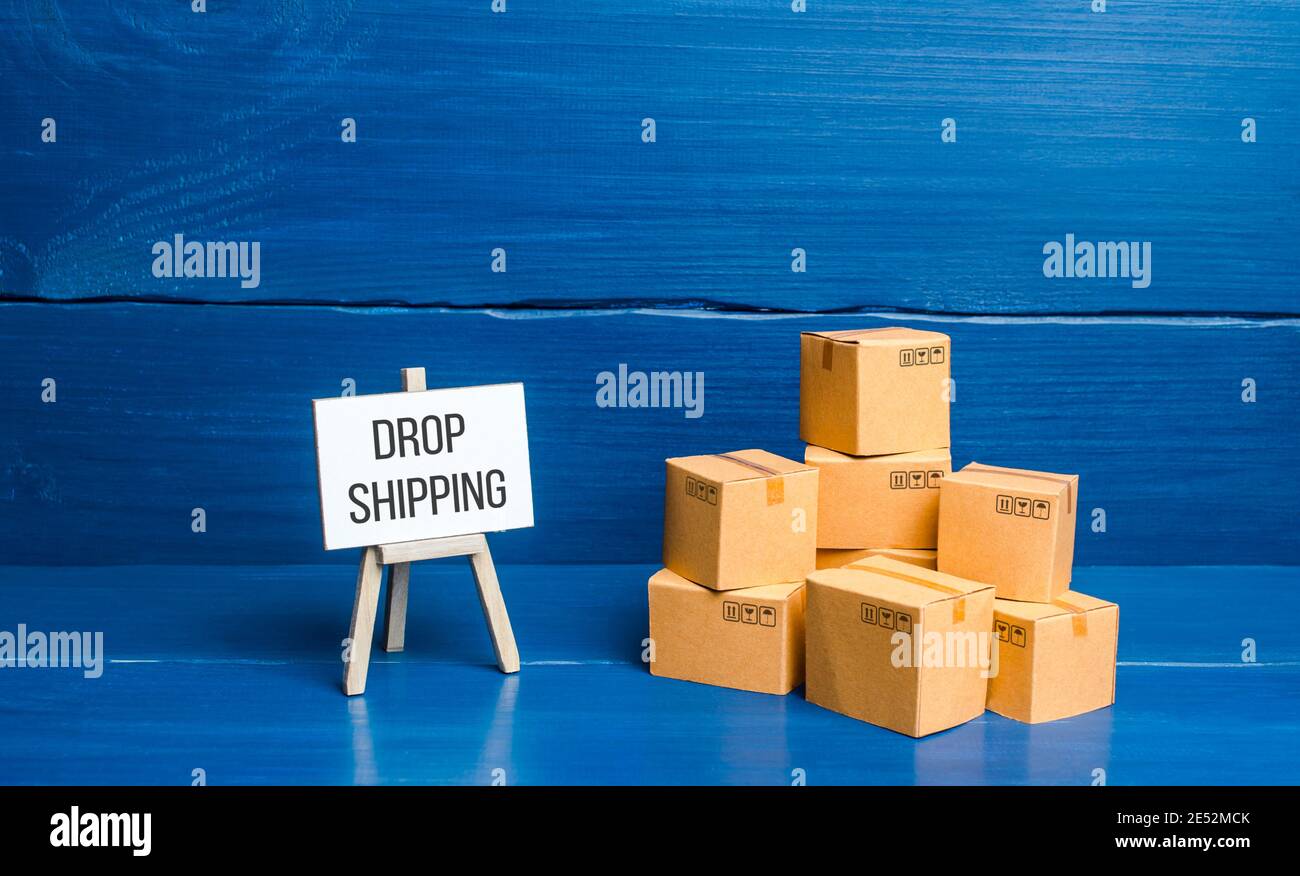 Boxen und Staffelei mit Drop Shipping. Geschäftsmodell und Supply Chain Management. Erweiterung der Möglichkeiten des Verkaufs von Waren. Intermediäre engagieren, Marketing Stockfoto