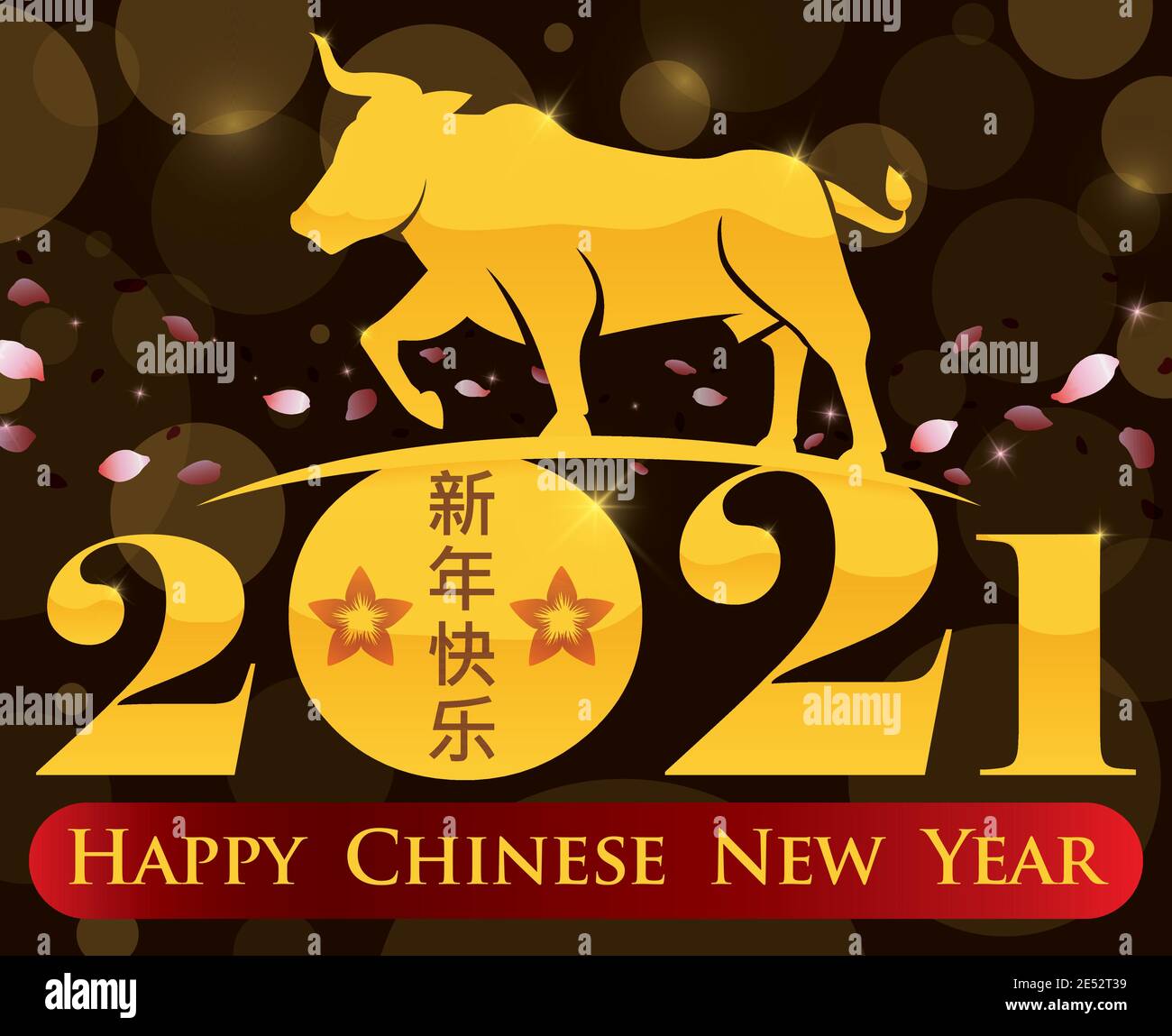 Schöne Aussicht auf goldene Ochse Silhouette und 2021 Zahl mit Pfirsich Blütenblätter vorbei, erinnert an Sie ein glückliches chinesisches Neujahr zu feiern (writte Stock Vektor
