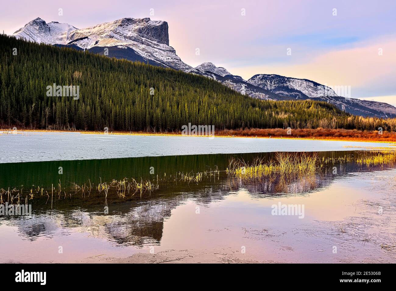 Eine morgendliche Landschaftsaufnahme des Roche Miette Berges mit rosa Sonnenaufgangsrocken in den felsigen Bergen von Alberta Canada. Stockfoto
