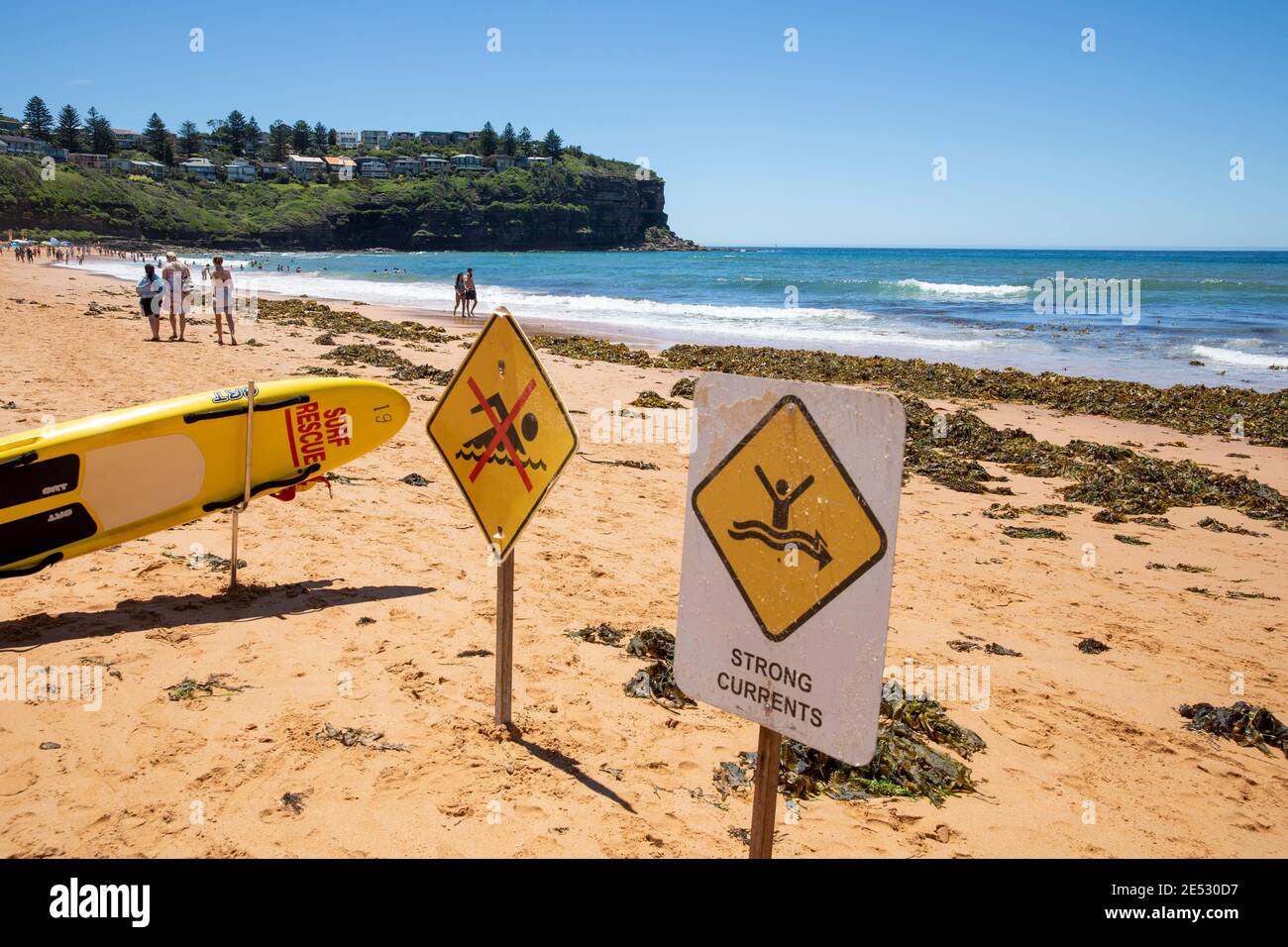 Starke Strömungen und keine Schwimmschilder am Bilgola Beach in Sydney, der an einem heißen Sommertag auch teilweise mit Algen bedeckt ist, Sydney, Australien Stockfoto