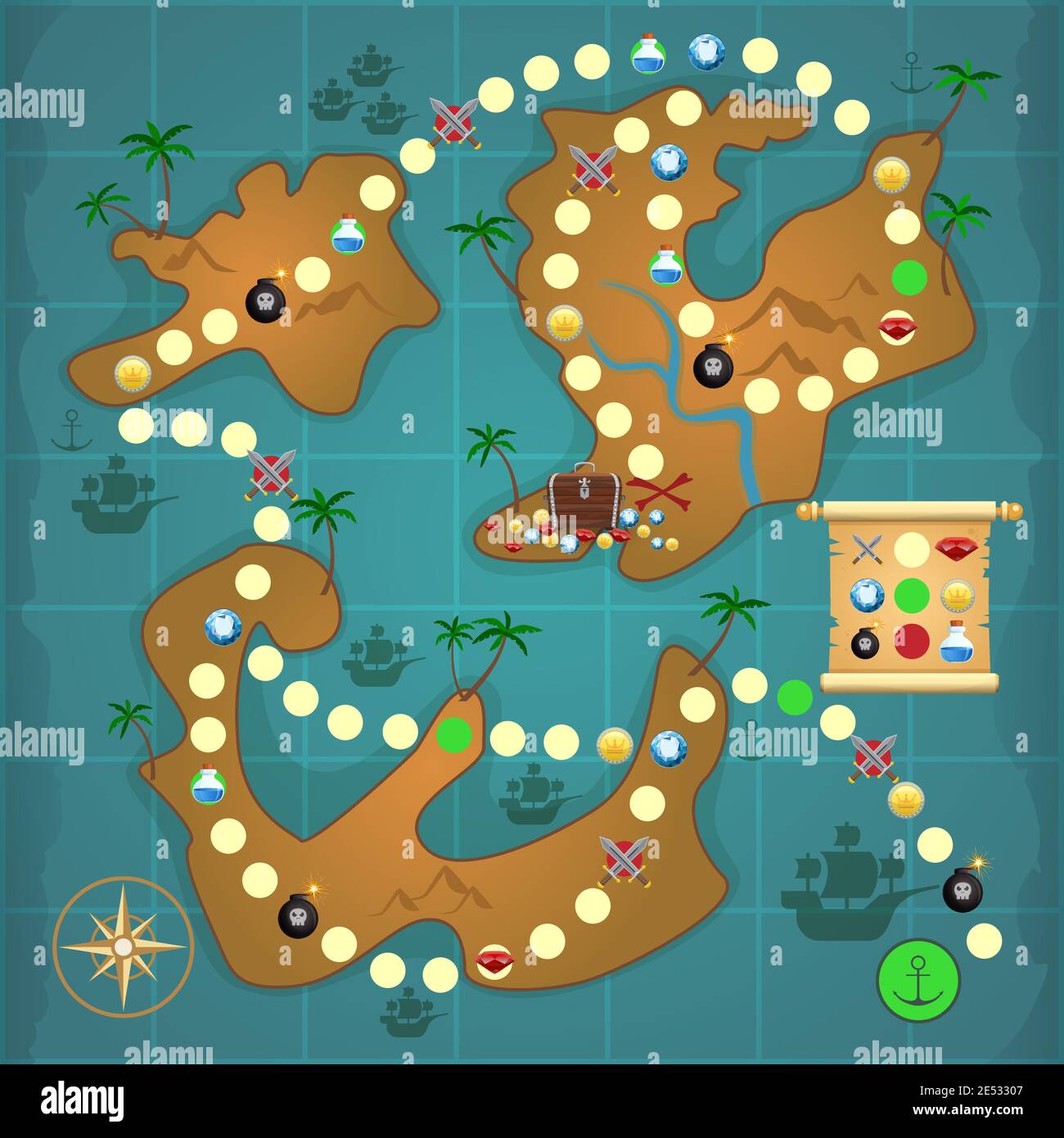 Piraten Schatz Insel Karte Spiel Puzzle Vorlage Vektor Illustration. Stock Vektor