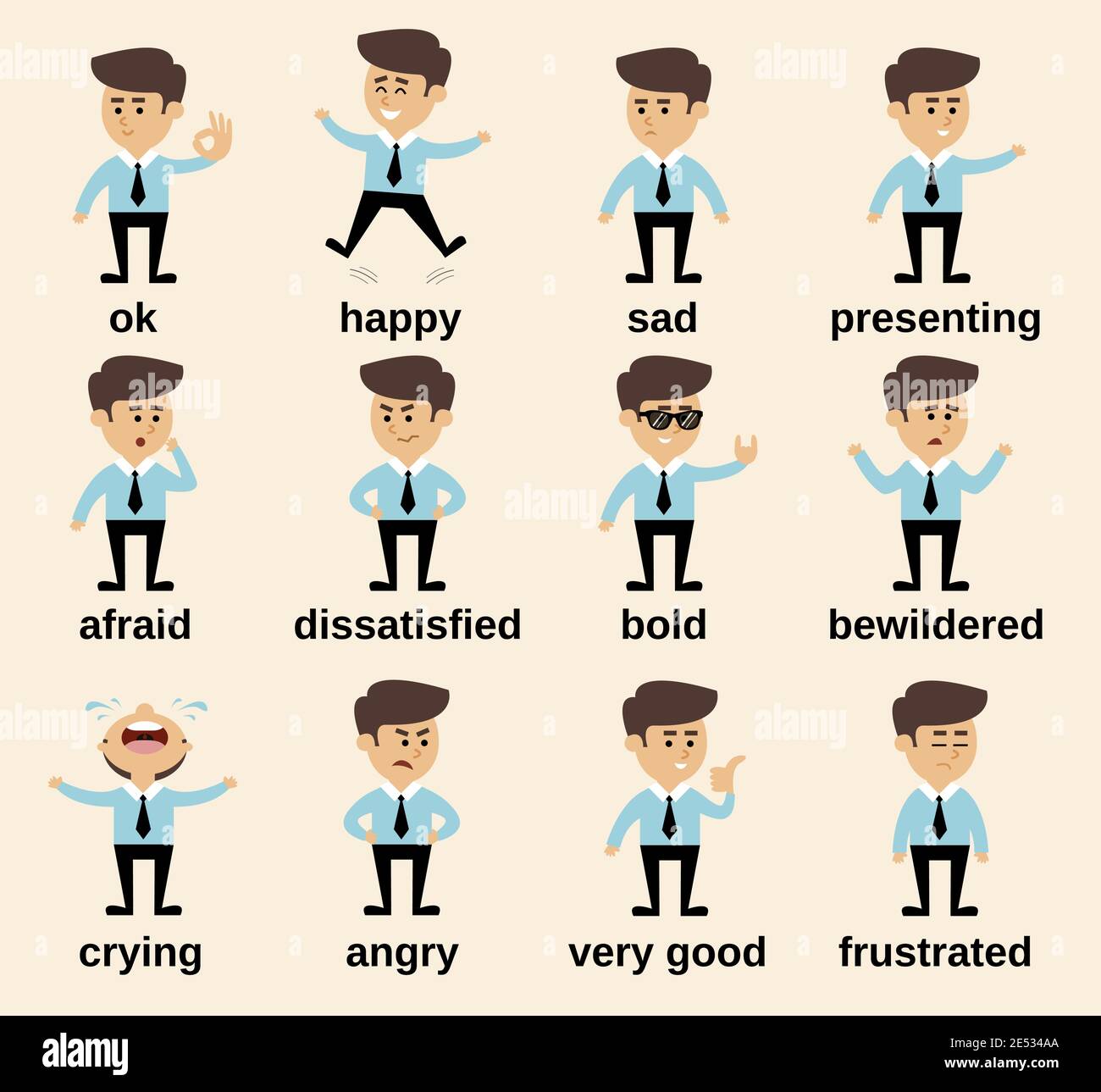 Geschäftsmann Cartoon Charakter Emotionen gesetzt isoliert Vektor Illustration Stock Vektor