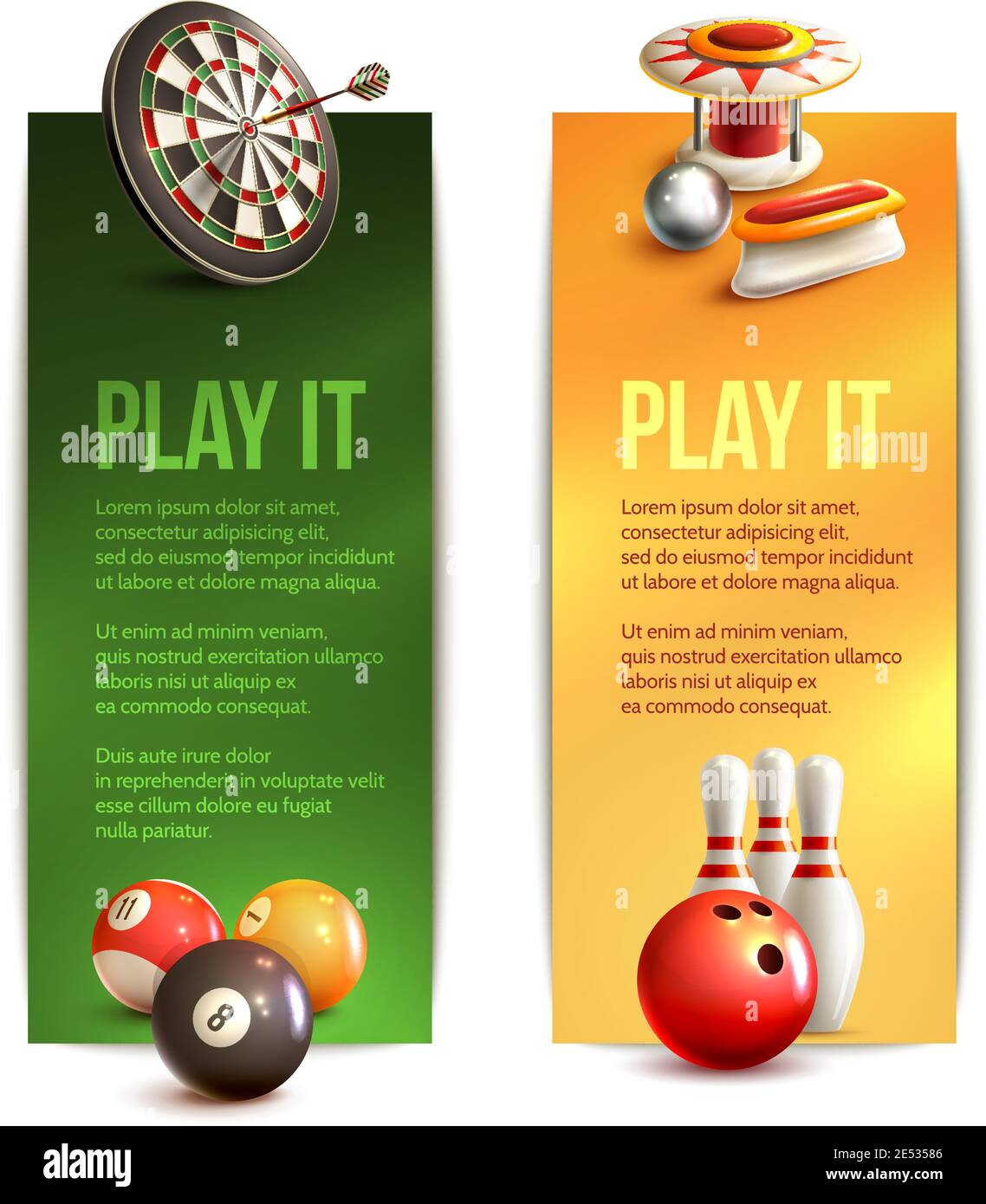 Spiel realistische vertikale Banner-Set mit Bowling Flipper Billard Darts Isolierte Vektordarstellung Stock Vektor