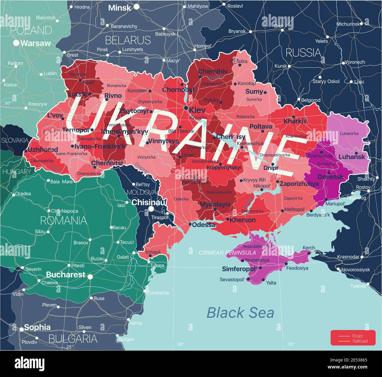 Ukraine Detaillierte editierbare Karte mit Regionen Städte und Gemeinden, Straßen und Eisenbahnen. Vector EPS-10-Datei Stock Vektor
