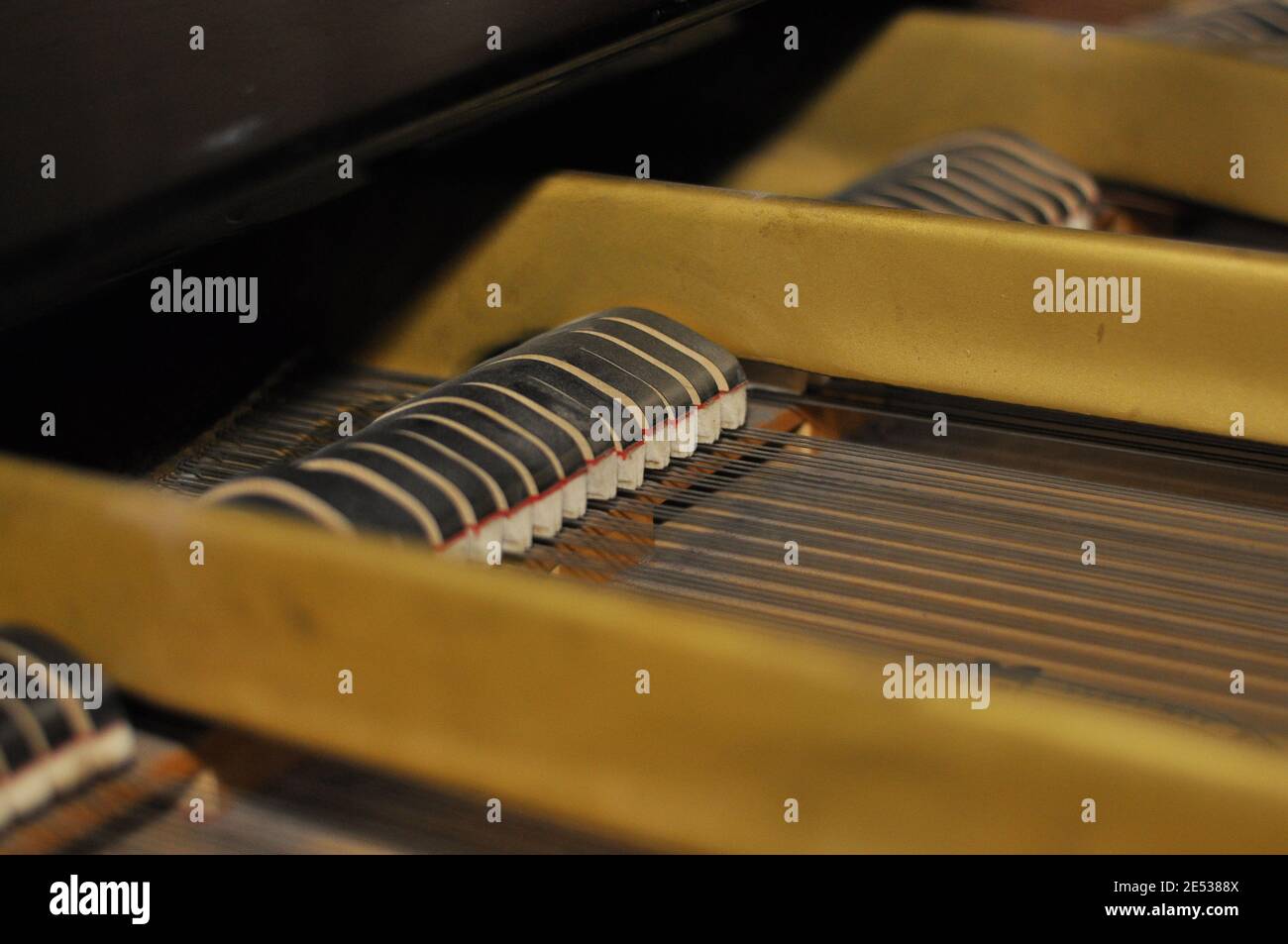 Klaviermechanismus. Im Inneren des Flügels. Nahaufnahme der Hämmer, Streicher im Inneren des Klaviers. Stockfoto