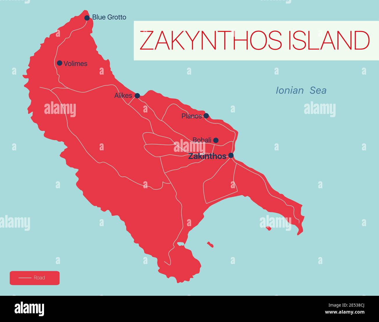 Zakynthos Insel Detaillierte editierbare Karte mit Regionen Städte und Städte, Straßen und Eisenbahnen, geografische Standorte. Vector EPS-10-Datei Stock Vektor