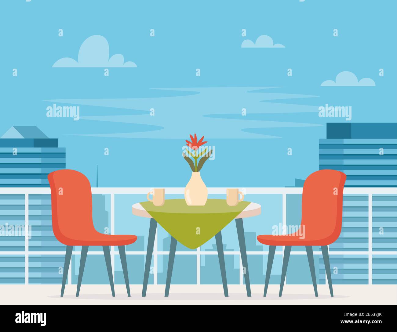 Sommer-Café-Terrasse mit Tisch und Stühlen im modernen Stadthintergrund. Street Restaurant Szene in flachem Design. Romantischer Esstisch für zwei Personen. Vec Stock Vektor