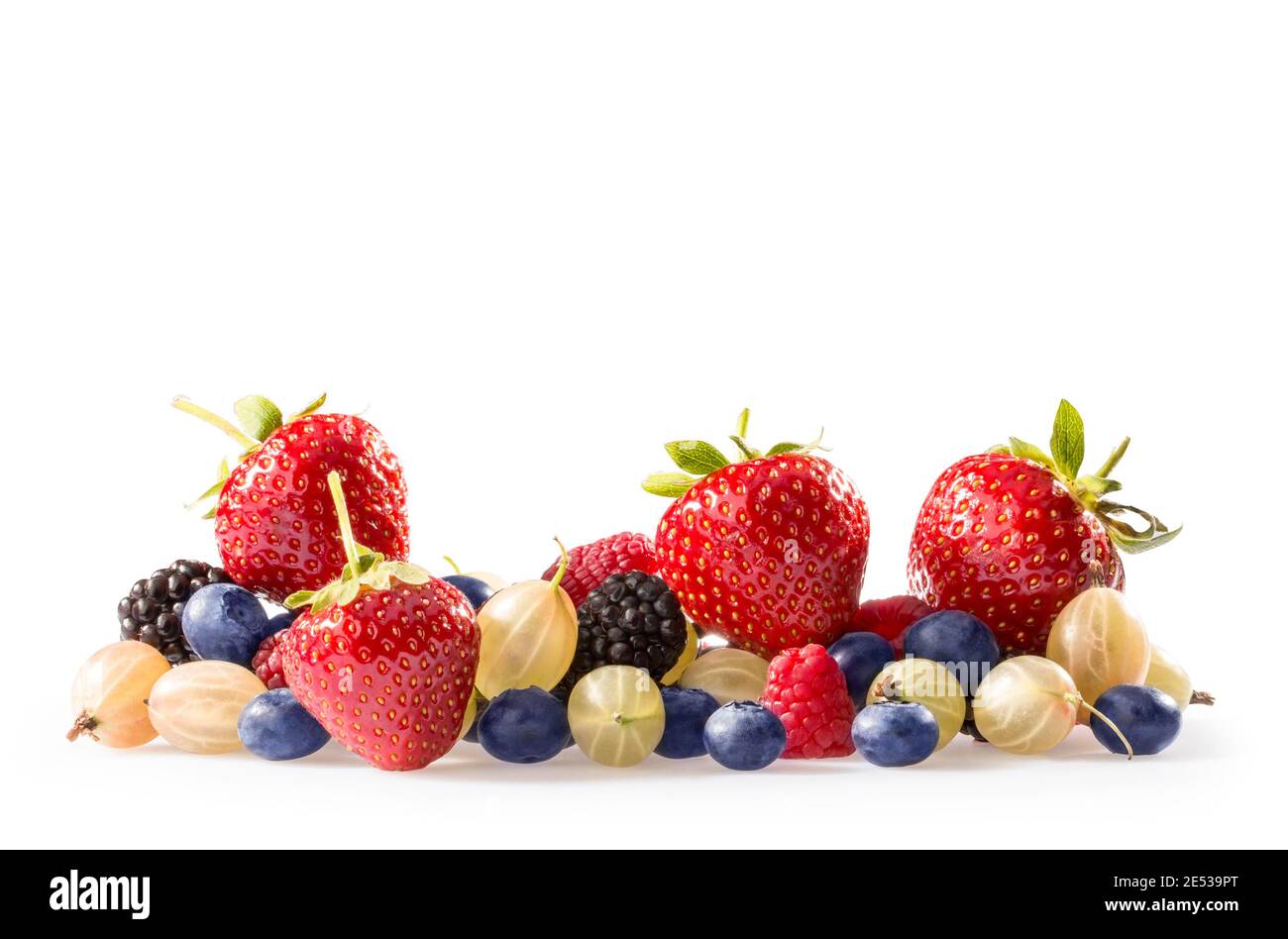 Sammlung von Sommerbeeren, Erdbeeren, Heidelbeeren, Stachelbeere und Himbeeren. Stockfoto