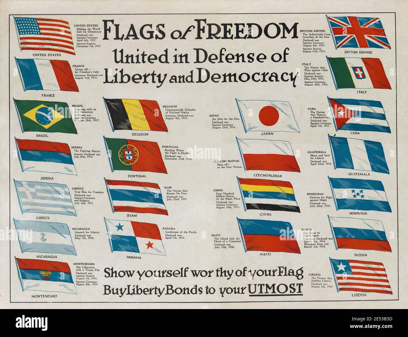 Amerikanisches Vintage-Poster von Flags of Feedom. Vereint in Verteidigung von Freiheit und Demokratie. Stockfoto