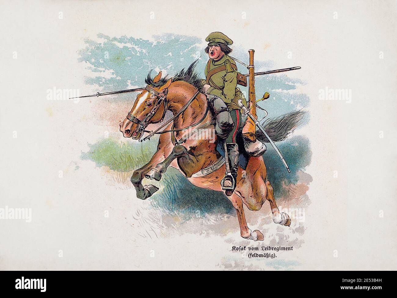 Russische Kaiserliche Armee. Der Kosake aus dem Gardeenregiment (in der Felduniform). Russisches Reich. 1910er Stockfoto