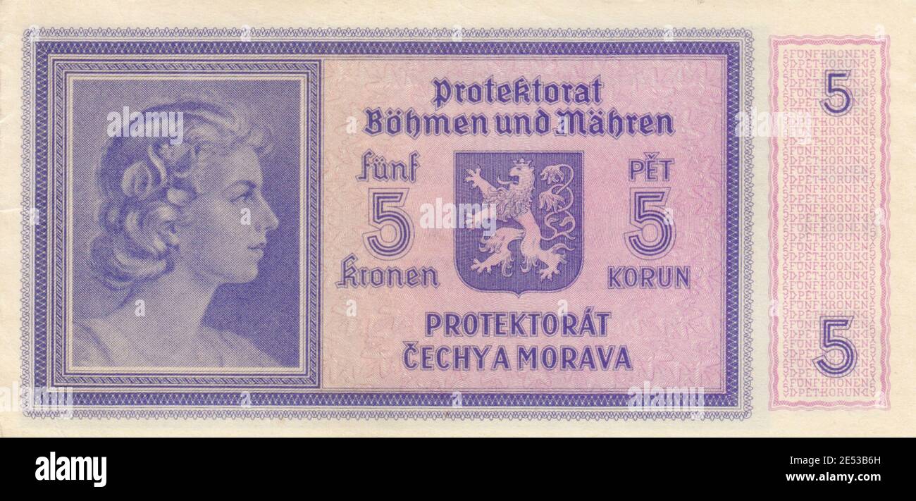 Alte Banknote von 5 CZK, die in der Zeit der deutschen Besatzung verwendet wurde. ( Protektorat Böhmen und Mähren). 1939-1945 Stockfoto