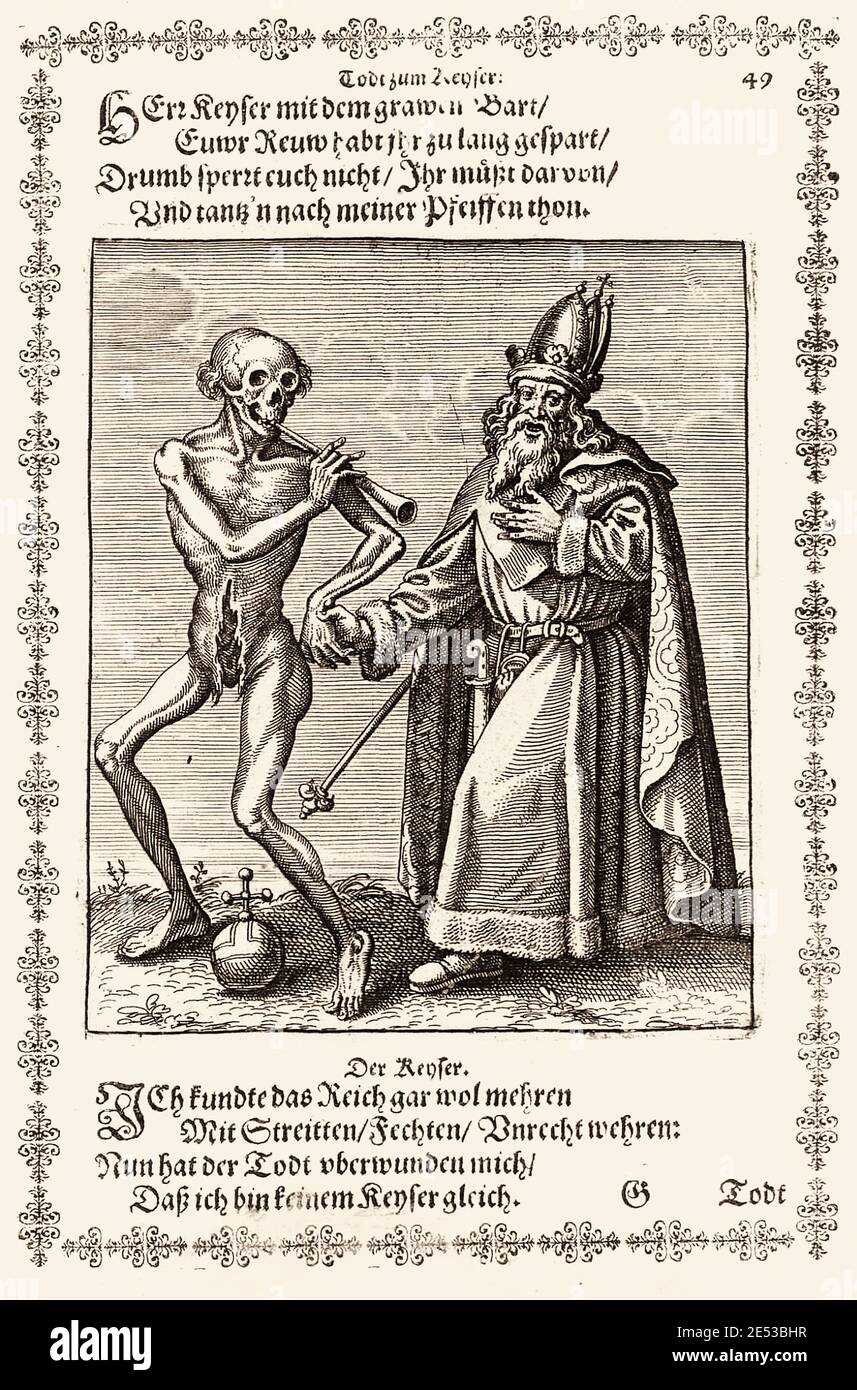 Der Kaiser aus Basels Todestanz von Matthäus Merian. Der Danse Macabre, auch "Tanz des Todes" genannt, ist ein künstlerisches Genre der Allegorie des Stockfoto