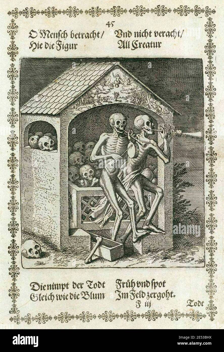 Der Osuär aus Basels Todestanz von Matthew Merian. Der Danse Macabre, auch "Tanz des Todes" genannt, ist ein künstlerisches Genre der Allegorie des Stockfoto