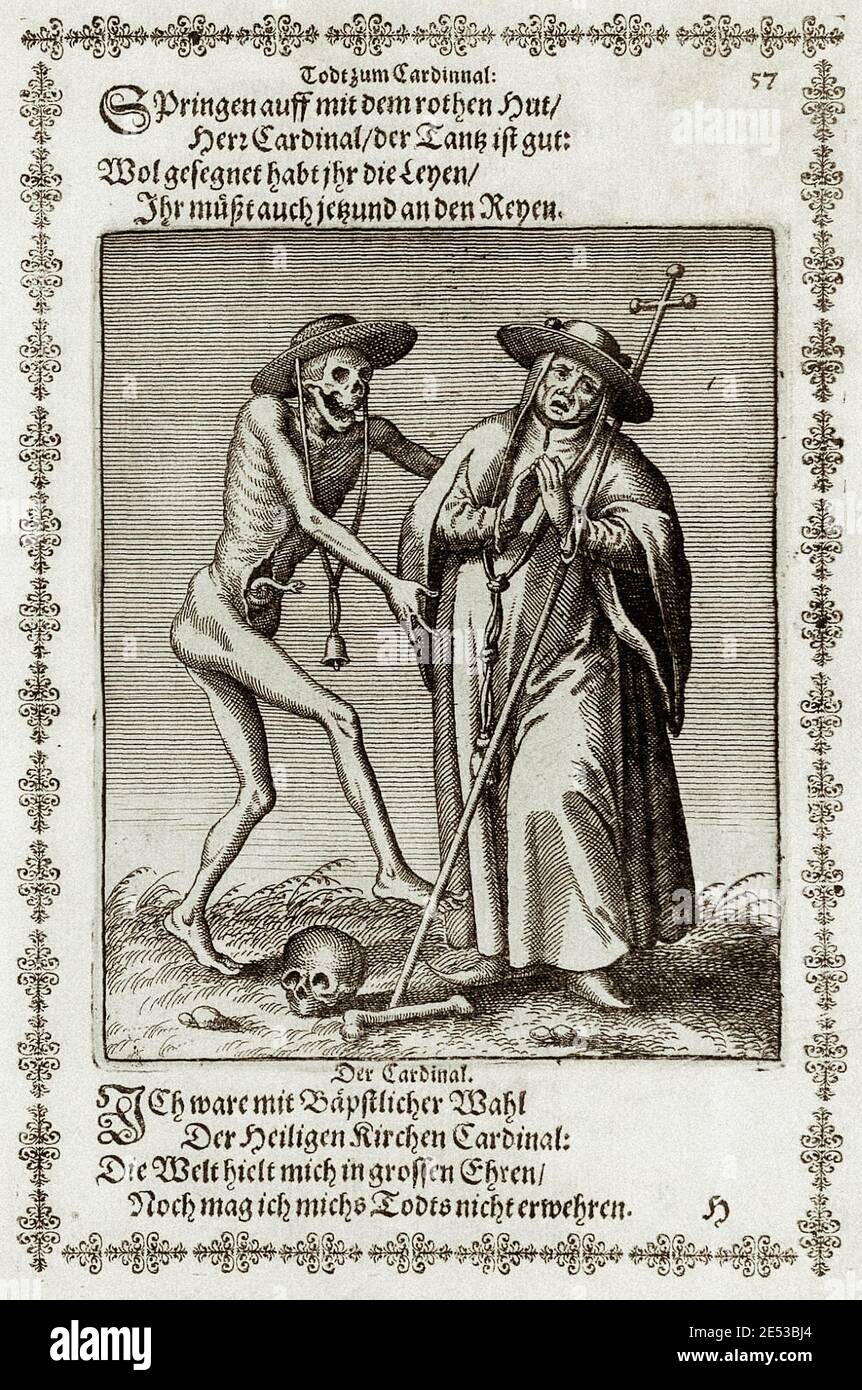 Der Kardinal aus Basels Todestanz von Matthew Merian. Der Danse Macabre, auch "Tanz des Todes" genannt, ist ein künstlerisches Genre der Allegorie des Stockfoto